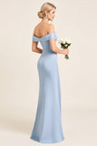 Dusty Blue Off the Shoulder Long Bridesmaid Dress with Slit