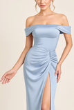 Dusty Blue Off the Shoulder Long Bridesmaid Dress with Slit