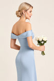 Dusty Blue Off the Shoulder Long Bridesmaid Dress with Slit