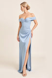 Dusty Blue Mermaid Off the Shoulder Ruched Long Bridesmaid Dress with Slit