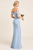 Dusty Blue Mermaid Off the Shoulder Ruched Long Bridesmaid Dress with Slit