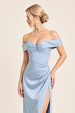 Dusty Blue Mermaid Off the Shoulder Ruched Long Bridesmaid Dress with Slit
