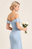 Dusty Blue Mermaid Off the Shoulder Ruched Long Bridesmaid Dress with Slit