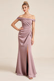 Vintage Mauve Sheath Off the Shoulder Ruched Long Bridesmaid Dress with Slit