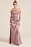 Vintage Mauve Sheath Off the Shoulder Ruched Long Bridesmaid Dress with Slit