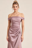 Vintage Mauve Sheath Off the Shoulder Ruched Long Bridesmaid Dress with Slit