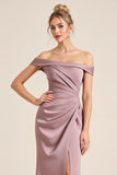 Vintage Mauve Sheath Off the Shoulder Ruched Long Bridesmaid Dress with Slit