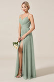 Matcha A-Line Spaghetti Straps Ruched Tulle Long Bridesmaid Dress with Slit