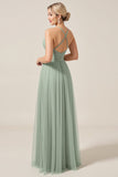 Matcha A-Line Spaghetti Straps Ruched Tulle Long Bridesmaid Dress with Slit