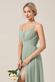 Matcha A-Line Spaghetti Straps Ruched Tulle Long Bridesmaid Dress with Slit