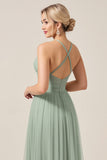 Matcha A-Line Spaghetti Straps Ruched Tulle Long Bridesmaid Dress with Slit