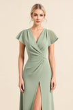 Matcha Sheath V-Neck Ruffle Sleeves Long Bridesmaid Dress with Slit