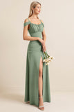 Eucalyptus Sheath Cold Shoulder Ruched Long Bridesmaid Dress with Slit