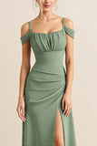 Eucalyptus Sheath Cold Shoulder Ruched Long Bridesmaid Dress with Slit