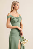 Eucalyptus Sheath Cold Shoulder Ruched Long Bridesmaid Dress with Slit