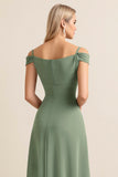 Eucalyptus Sheath Cold Shoulder Ruched Long Bridesmaid Dress with Slit