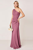 Vintage Mauve Sheath One Shoulder Ruched Long Bridesmaid Dress