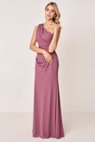 Vintage Mauve Sheath One Shoulder Ruched Long Bridesmaid Dress
