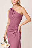 Vintage Mauve Sheath One Shoulder Ruched Long Bridesmaid Dress