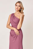 Vintage Mauve Sheath One Shoulder Ruched Long Bridesmaid Dress
