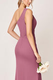 Vintage Mauve Sheath One Shoulder Ruched Long Bridesmaid Dress