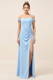 Sky Blue Sheath Off the Shoulder Ruched Long Bridesmaid Dress with Slit