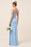 Sky Blue Sheath Off the Shoulder Ruched Long Bridesmaid Dress with Slit