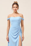 Sky Blue Sheath Off the Shoulder Ruched Long Bridesmaid Dress with Slit