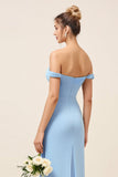 Sky Blue Sheath Off the Shoulder Ruched Long Bridesmaid Dress with Slit