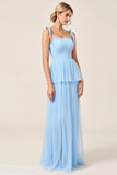 Sky Blue Tulle A Line Long Bridesmaid Dress with Slit