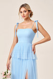 Sky Blue Tulle A Line Long Bridesmaid Dress with Slit