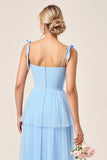 Sky Blue Tulle A Line Long Bridesmaid Dress with Slit