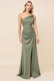 Eucalyptus One Shoulder Chiffon Long Bridesmaid Dress with Slit