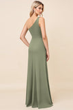 Eucalyptus One Shoulder Chiffon Long Bridesmaid Dress with Slit