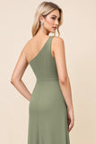 Eucalyptus One Shoulder Chiffon Long Bridesmaid Dress with Slit