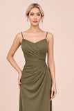 Olive Spaghetti Straps Sheath Ruched Long Bridesmaid Dress