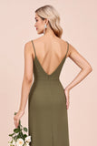 Olive Spaghetti Straps Sheath Ruched Long Bridesmaid Dress