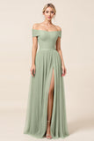 Off The Shoulder A Line Matcha Tulle Long Bridesmaid Dress with Slit