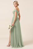Off The Shoulder A Line Matcha Tulle Long Bridesmaid Dress with Slit