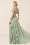 Off The Shoulder A Line Matcha Tulle Long Bridesmaid Dress with Slit