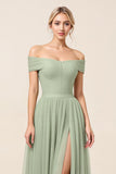 Off The Shoulder A Line Matcha Tulle Long Bridesmaid Dress with Slit