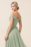 Off The Shoulder A Line Matcha Tulle Long Bridesmaid Dress with Slit