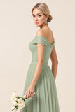 Off The Shoulder A Line Matcha Tulle Long Bridesmaid Dress with Slit