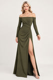 Olive Ruched Off The Shoulder Long Bridesmaid Dress with Long Sleeves