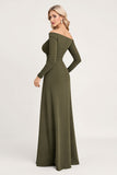 Olive Ruched Off The Shoulder Long Bridesmaid Dress with Long Sleeves
