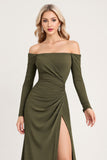 Olive Ruched Off The Shoulder Long Bridesmaid Dress with Long Sleeves