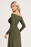 Olive Ruched Off The Shoulder Long Bridesmaid Dress with Long Sleeves
