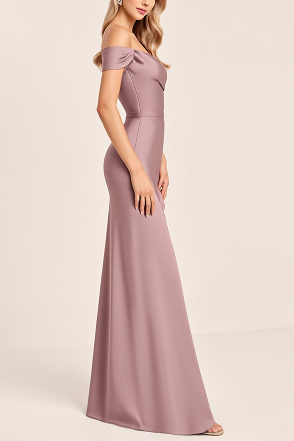 Vintage Mauve Satin Off The Shoulder Long Bridesmaid Dress with Slit