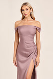 Vintage Mauve Satin Off The Shoulder Long Bridesmaid Dress with Slit