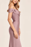 Vintage Mauve Satin Off The Shoulder Long Bridesmaid Dress with Slit